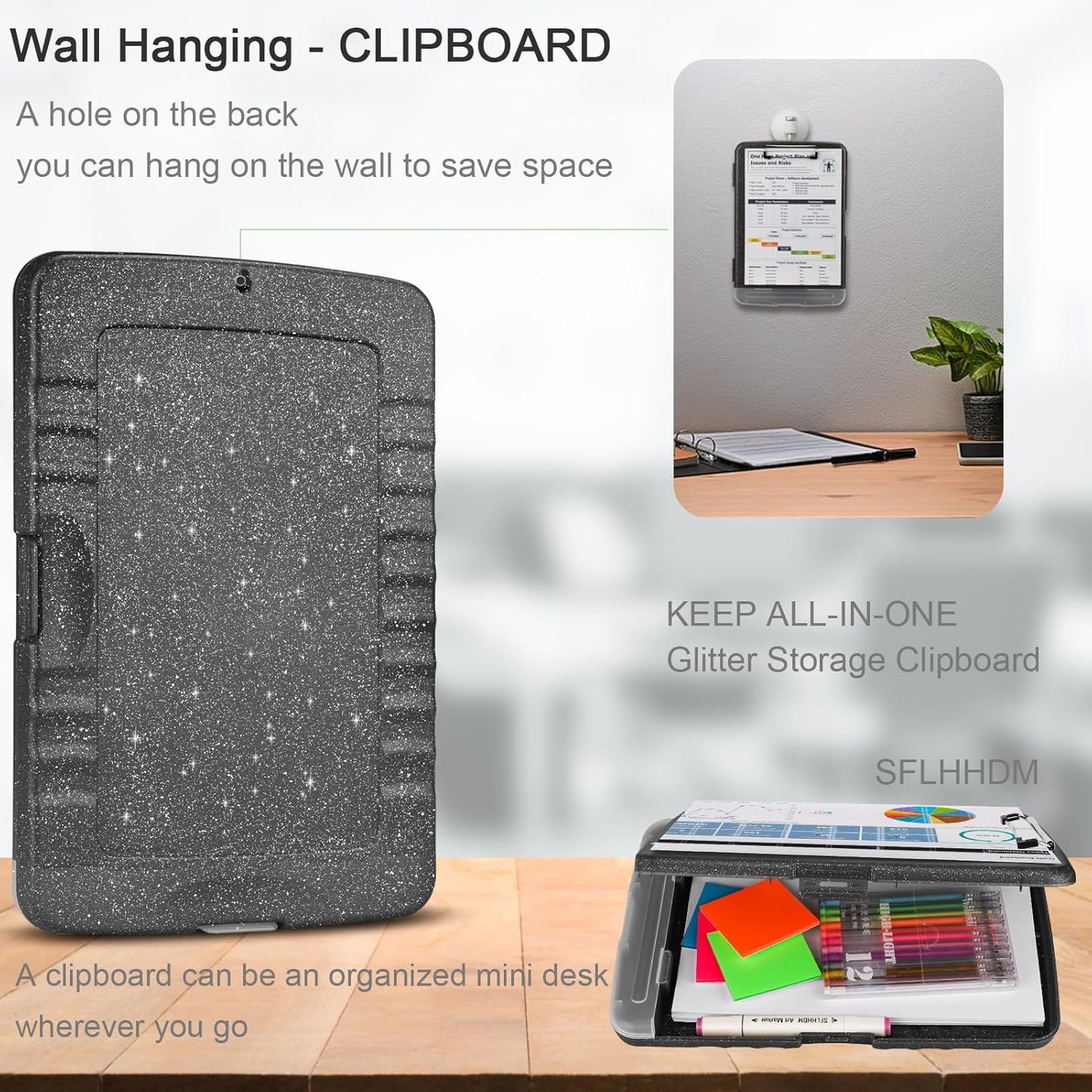 Glitter Clipboard with Storage,Storage Clipboard with Pen Holder,A4 Binder Clip Boards 8.5x11 with Low Profile Clip,Side Opening Sparkle Clipboards, Clipboards Folder for Office Supplies-Starry Black