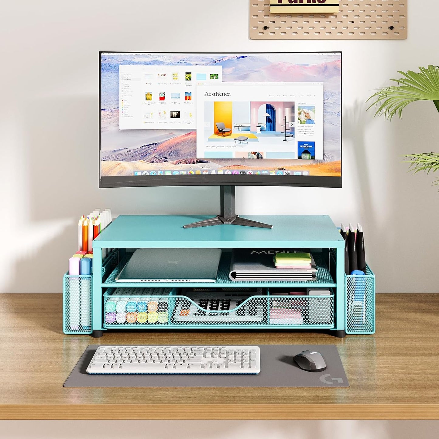 OPNICE Wood Desk Organizers and Accessories, 2-Tier Computer Monitor Stand Riser with Drawer and 2 Pen Holders, Laptop Stand, Office Desk Accessories for Office Supplies, Brown