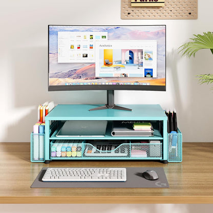 OPNICE Wood Desk Organizers and Accessories, 2-Tier Computer Monitor Stand Riser with Drawer and 2 Pen Holders, Laptop Stand, Office Desk Accessories for Office Supplies, Brown