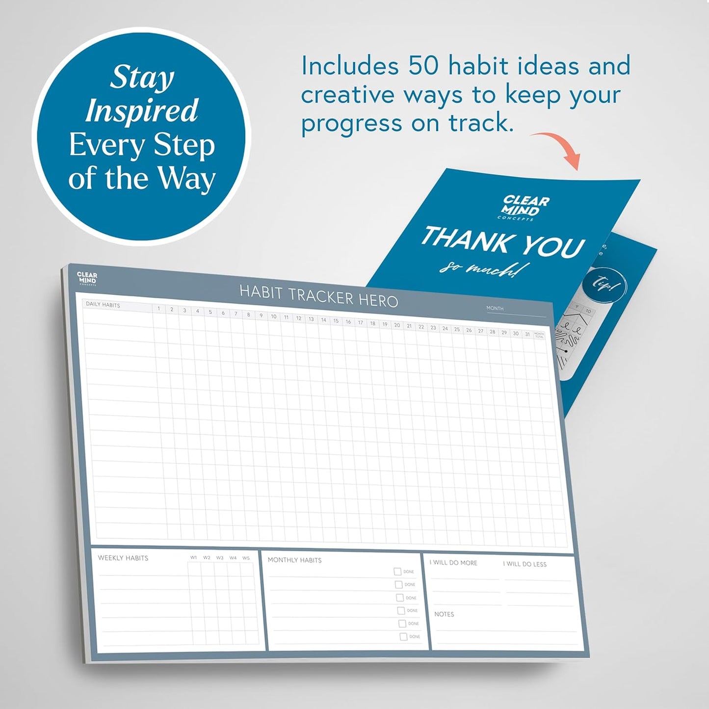 Habit Tracker Hero Desk Pad by Clear Mind Concepts® – 24 Monthly Undated Tear-Off Sheets - 160gsm Thick Paper - Includes Daily & Weekly Sections - A4 Size (Grey Blue, A4 Landscape)