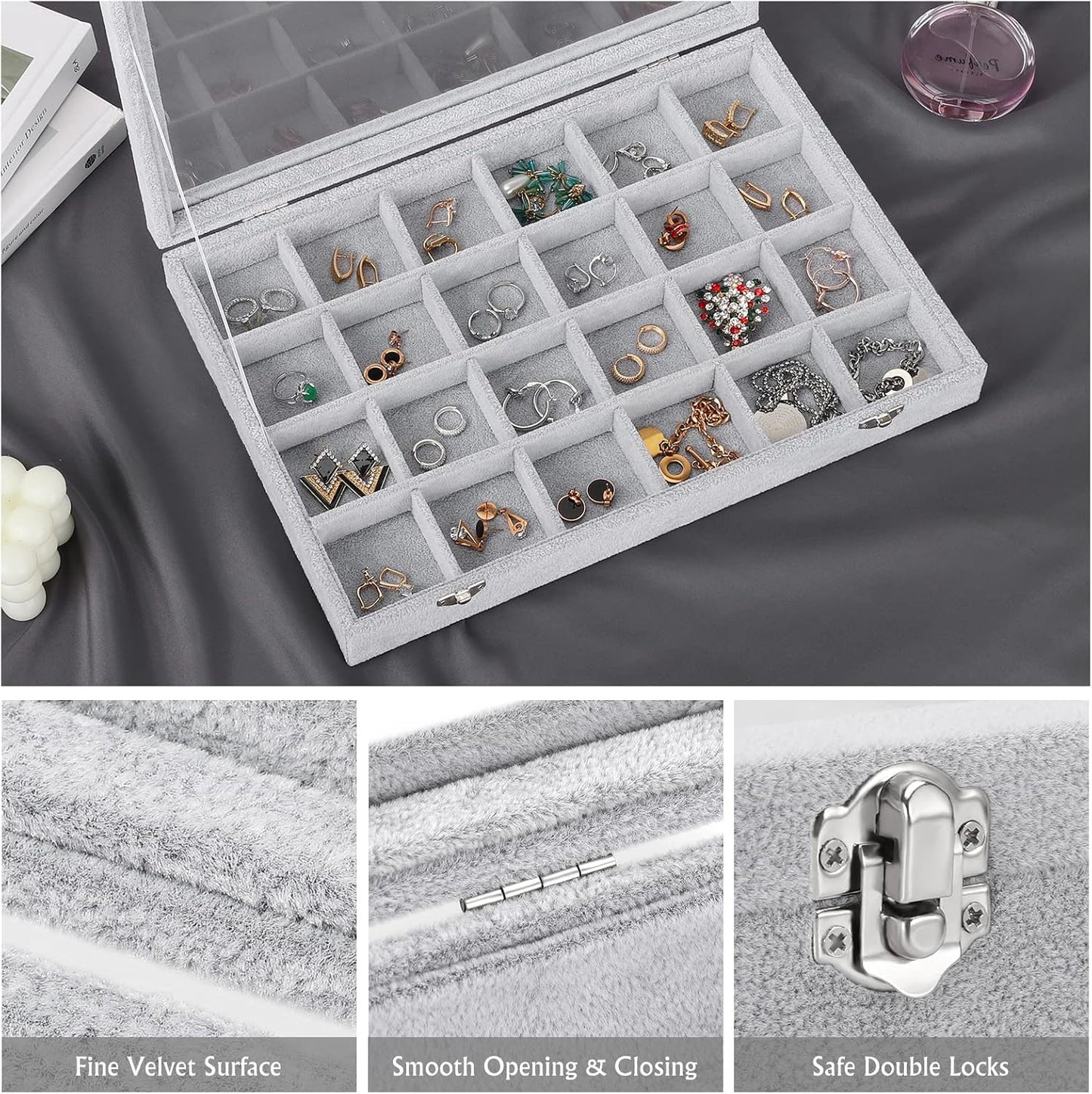 Emibele Glasses Organizer Jewelry Tray, 8 Grids with Clear Lid Velvet Tray Watch Storage Stackable Jewelry Showcase Display Storage with Detachable Inner Dividers, Beige