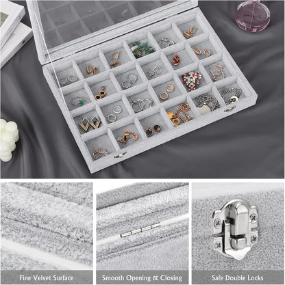 Emibele Glasses Organizer Jewelry Tray, 8 Grids with Clear Lid Velvet Tray Watch Storage Stackable Jewelry Showcase Display Storage with Detachable Inner Dividers, Beige