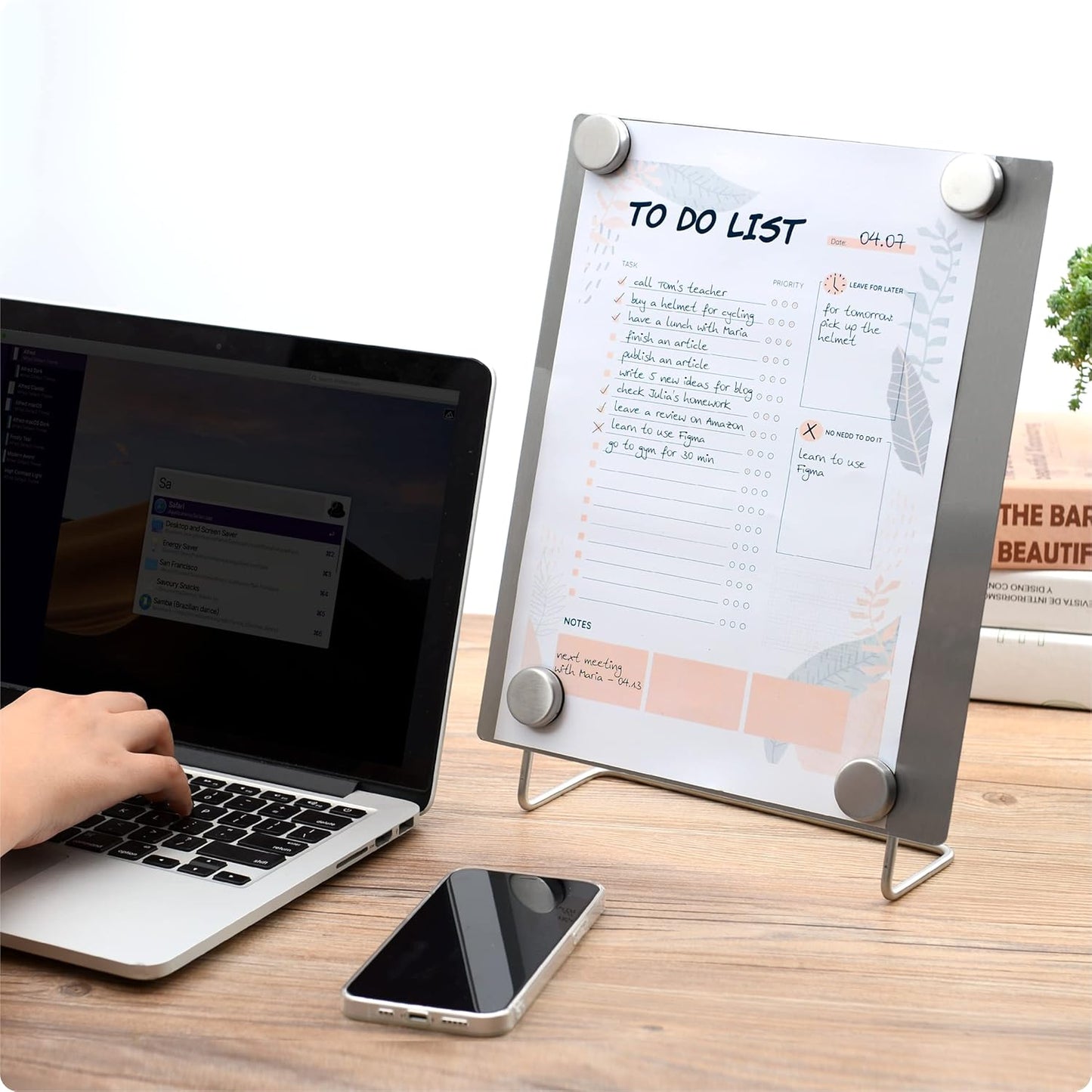Large Magnetic Bulletin Board – Dry Erase Memo Board with Stand – Metal Easel for Magnet Display – 12x10 Inches + 4 Magnets