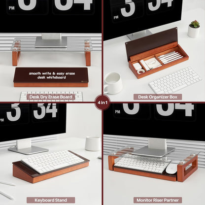 Glass Desktop Whiteboard with Wood Organizer for Small Office Accessories, Aesthetic Desk Dry Erase White Board with Drawer for Home Office Cubicle, Marker & Eraser Included, Yeoux