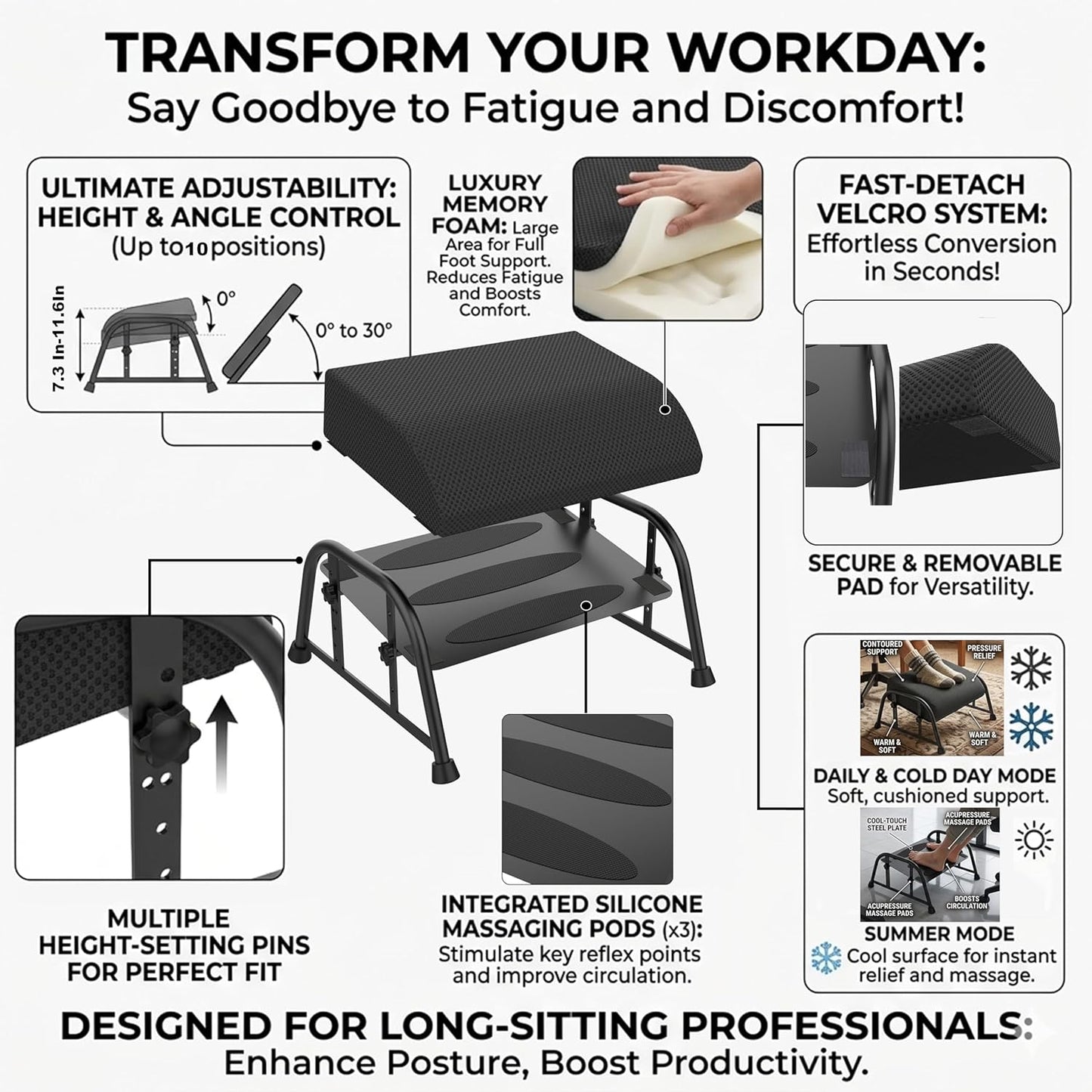 Under Desk Footrest with Memory Foam,Adjustable 10-Level Ergonomic Foot Rest for Office & Gaming Desk for Leg Rest,Reinforced Metal Frame,Non-Slip Base Extra Large（Black No Baseplate