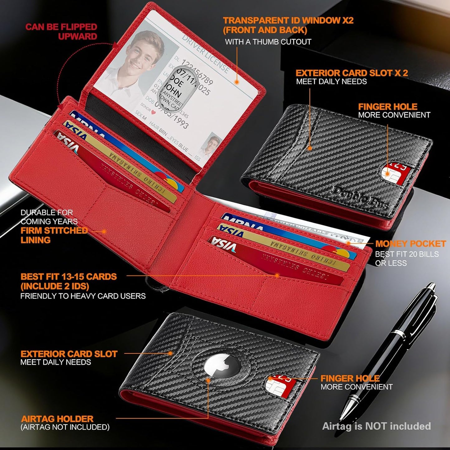 Wallet for Men Slim RFID Blocking Bifold Carbon Fiber,Minimalist Small Compact Front Pocket Credit Card Holder,Thin Mens Leather Wallets Smart Security With 2 ID Windows 1 Cash,Birthday Gifts for Men
