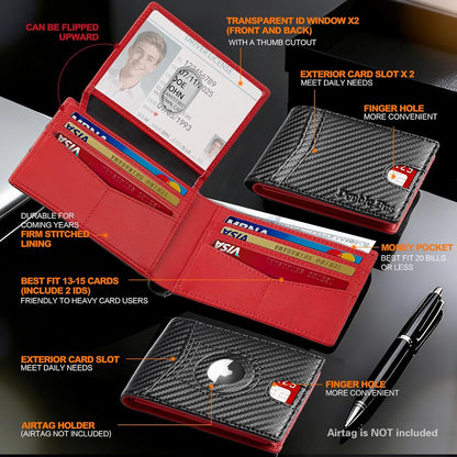 Wallet for Men Slim RFID Blocking Bifold Carbon Fiber,Minimalist Small Compact Front Pocket Credit Card Holder,Thin Mens Leather Wallets Smart Security With 2 ID Windows 1 Cash,Birthday Gifts for Men
