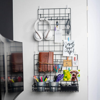 2 Pack Wire Wall Grid Panel With Accessories | Includes Hanging Basket, Shelf & Hook Rack | Photo Grid Wall Panels | Hanging Home, Office & Kitchen Décor | Metal & Black