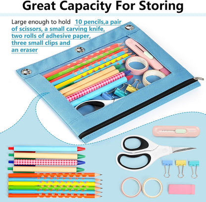 Forvencer Pencil Pouch for 3 Ring Binder, Large Pencil Case Pouch with 3 Reinforced Grommets, Pen Bag, Clear Window Pencil Case, Binder Accessories, Black