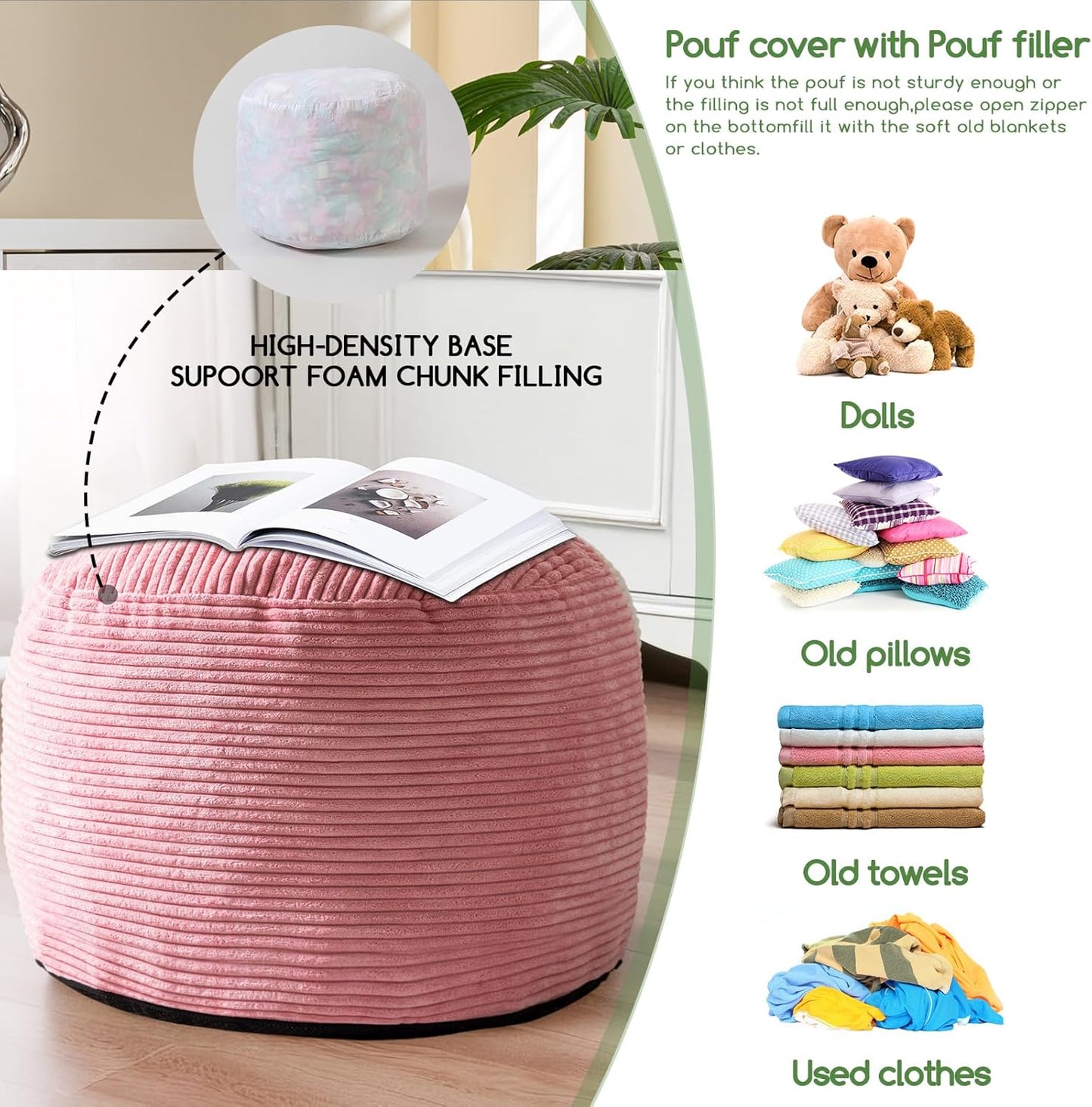 HIGOGOGO Round Stuffed Pouf Ottoman, Corduroy Poufs with Foam Chunk Filling, Furry and Fluffy Pouf Foot Stool Storage Ottoman, 20 X 15 Floor Poufs Foot Rest for Living Room, Dark Grey
