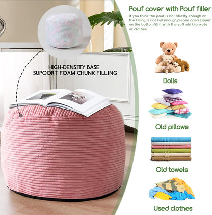 HIGOGOGO Round Stuffed Pouf Ottoman, Corduroy Poufs with Foam Chunk Filling, Furry and Fluffy Pouf Foot Stool Storage Ottoman, 20 X 15 Floor Poufs Foot Rest for Living Room, Dark Grey