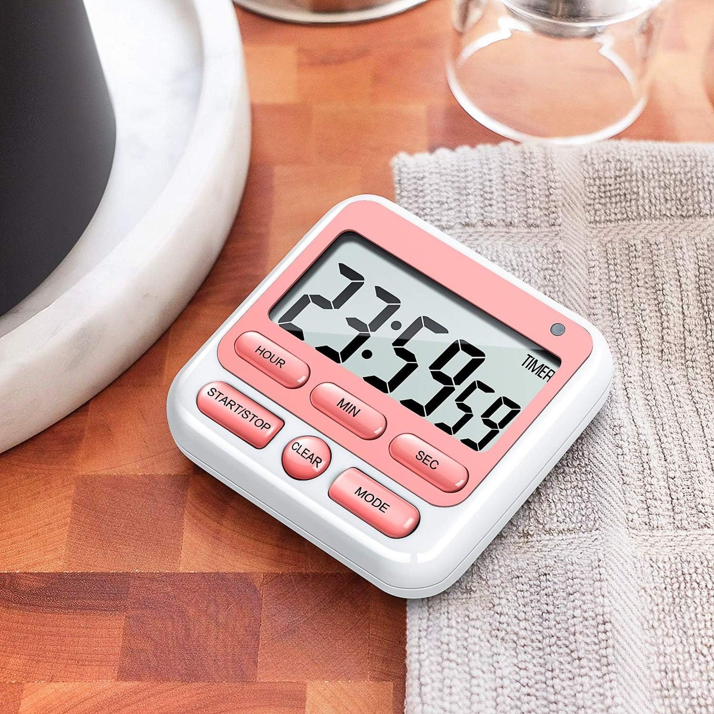 KTKUDY Digital Kitchen Timer with Mute/Loud Alarm Switch ON/Off Switch, 12-Hour Clock & Alarm, Memory Function Count Up & Count Down for Kids Teachers Cooking, Large LCD Display, Strong Magnet (Black)