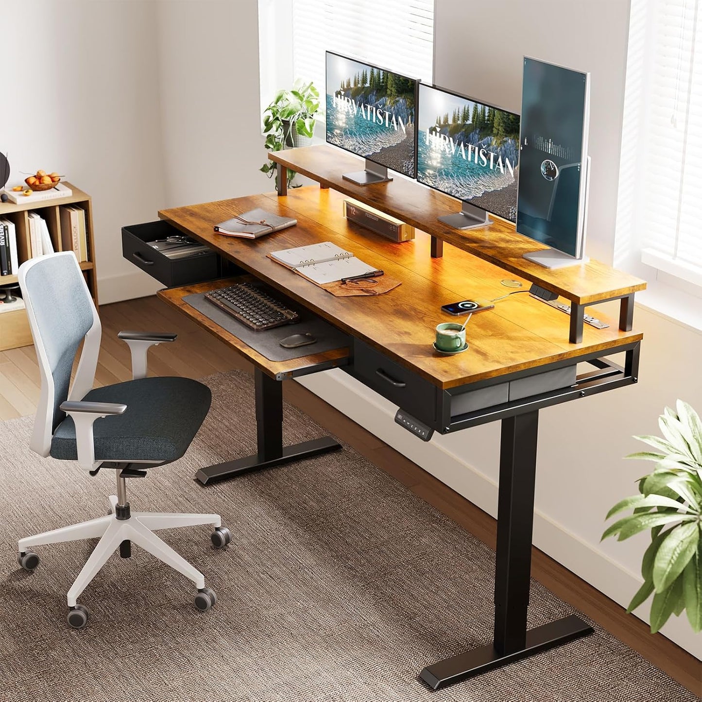 AODK Electric Standing Desk with Drawers & Keyboard Tray, 55 Inch Height Adjustable Gaming Desk with Power Outlets & LED Lights, Sit Stand Table with Monitor Stand for Home, Office, Rustic Brown