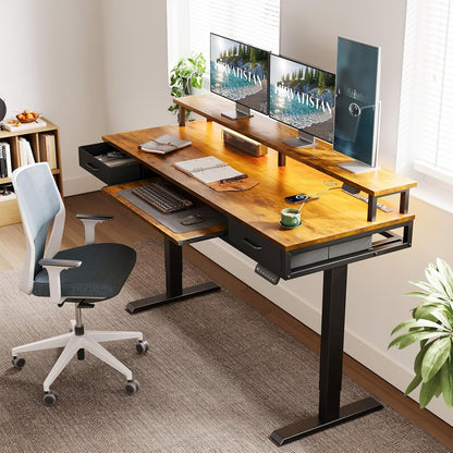 AODK Electric Standing Desk with Drawers & Keyboard Tray, 55 Inch Height Adjustable Gaming Desk with Power Outlets & LED Lights, Sit Stand Table with Monitor Stand for Home, Office, Rustic Brown