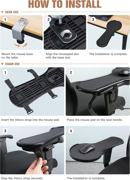 Ergonomic Adjustable Arm Rest Mouse pad for Chair, Mouse Extension Platform Tray with Mouse Baffle to Prevent Falling, Attaches to Chair, Black (Black（YYLL8326）)