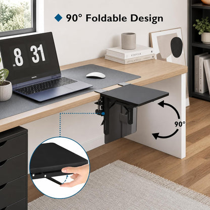 BONTEC Desk Extender Tray, 11.8"x5.9" Table Mount Arm Wrist Rest Shelf, 90°Foldable Elbow Support, Clamp on Computer Arm Rest for Desk, Office & Home Use, Durable & Easy to Install, Black Carbon Fiber