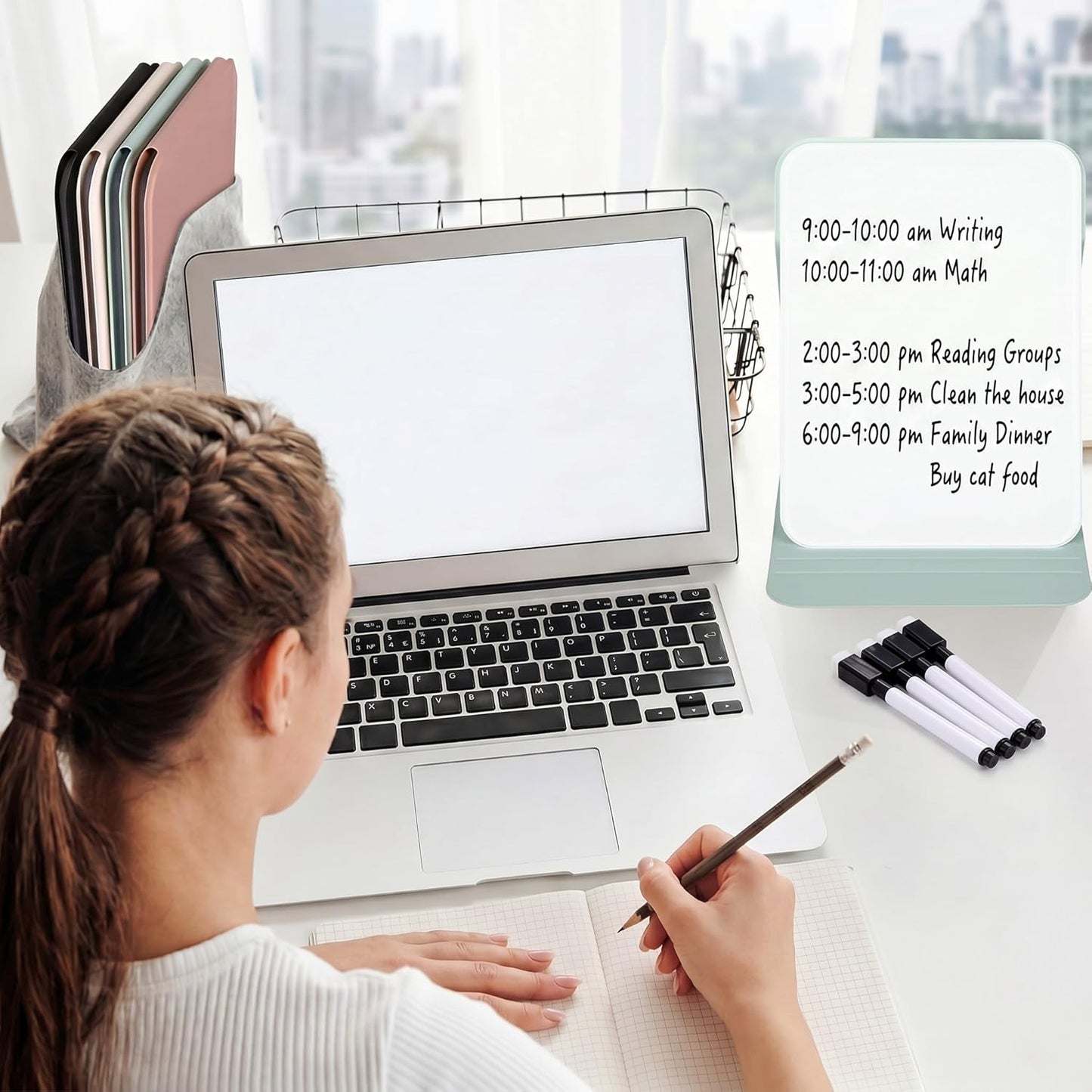 Dunzoom 2 Sets 4 Pcs Small Glass Desktop Whiteboard with Reversable Stand 8x6 Inch Mini Dry Erase White Board Easel with 2 Markers Reusable Desk Notepad for Home Office School Supplies (Pink,Green)