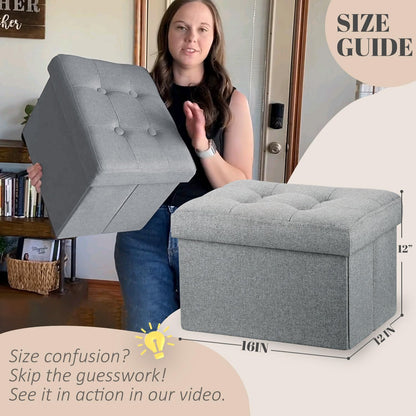 LINMAGCO Ottoman Storage Ottoman with Storage Small Foot Rest Stool Under Desk Stool Short Folding Footrest Linen Cloth Dark Gray 16X12X12IN