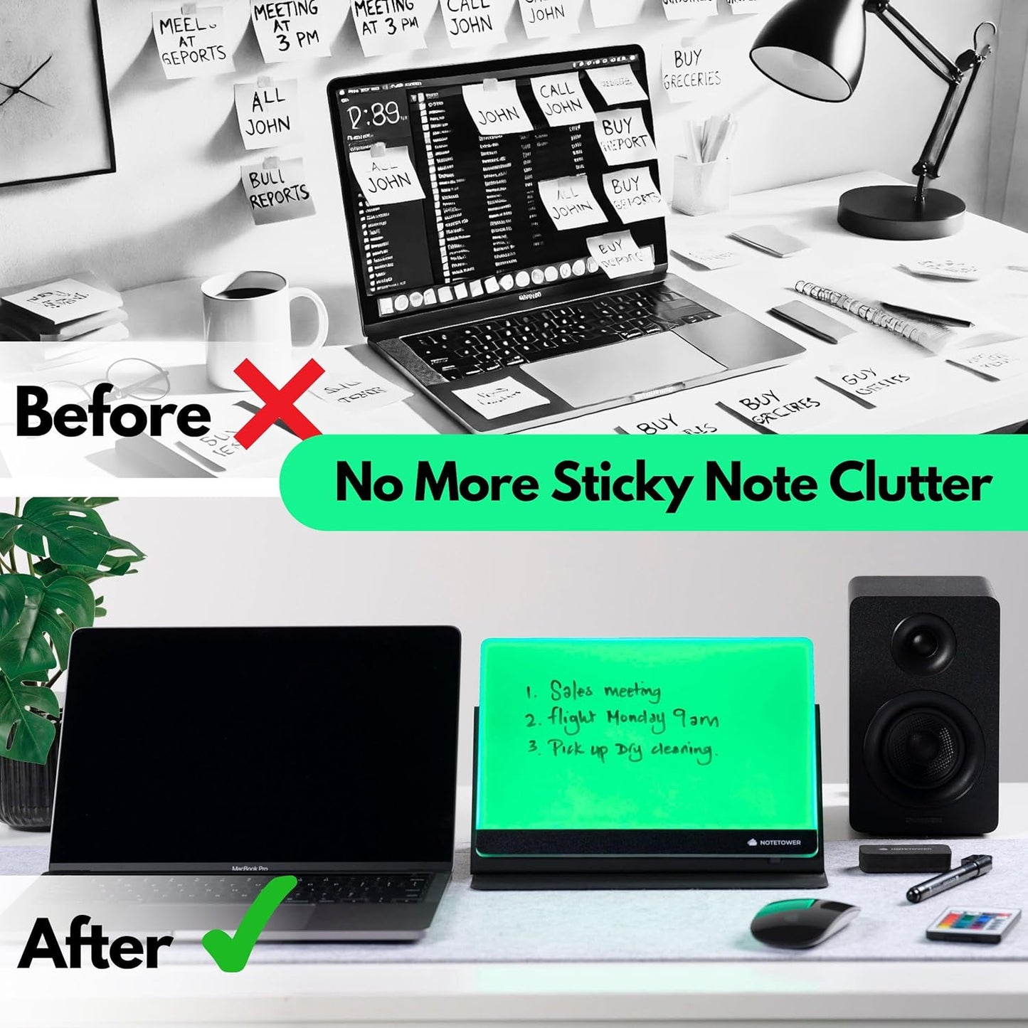 Note Tower LED Color Changing Desktop Whiteboard with Premium PU Leather Stand | Mood Enhancing & Productivity Boosting Dry Erase Light Up Board for Desk | Office, Home, School | Remote & App Control