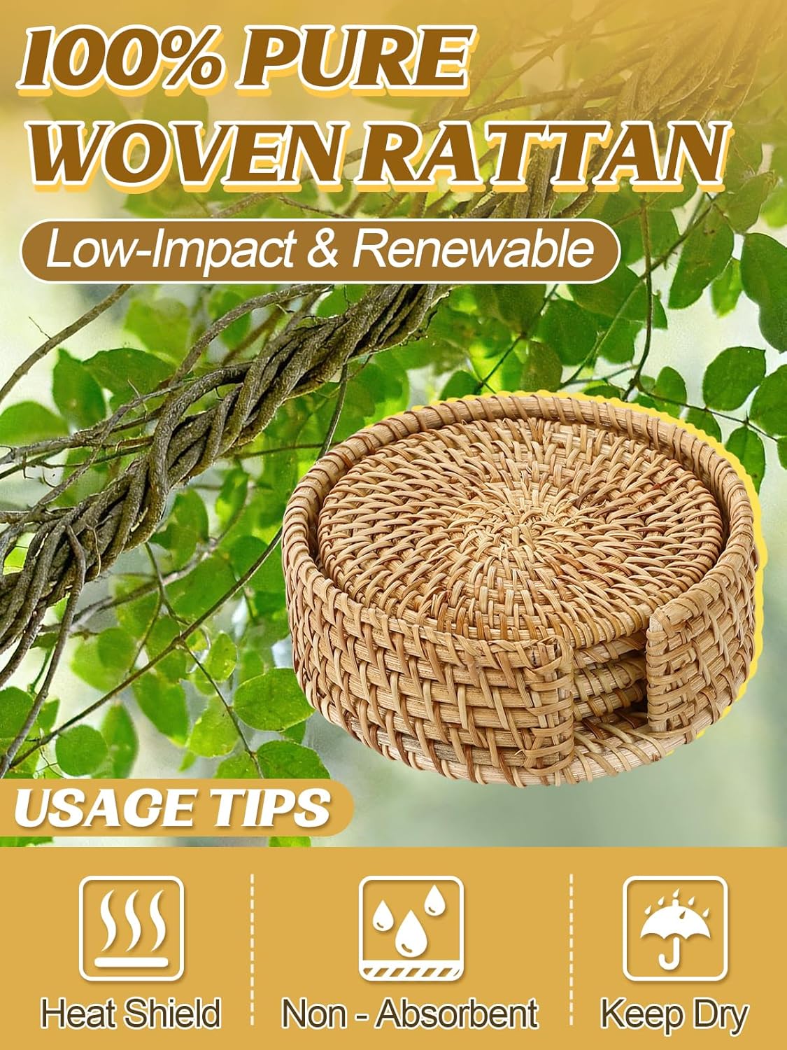 6pcs Natural Handmade Rattan Coasters with Holder - Wicker Drink Coasters Set, Housewarming Gifts Boho Summer Home Coastal Decor