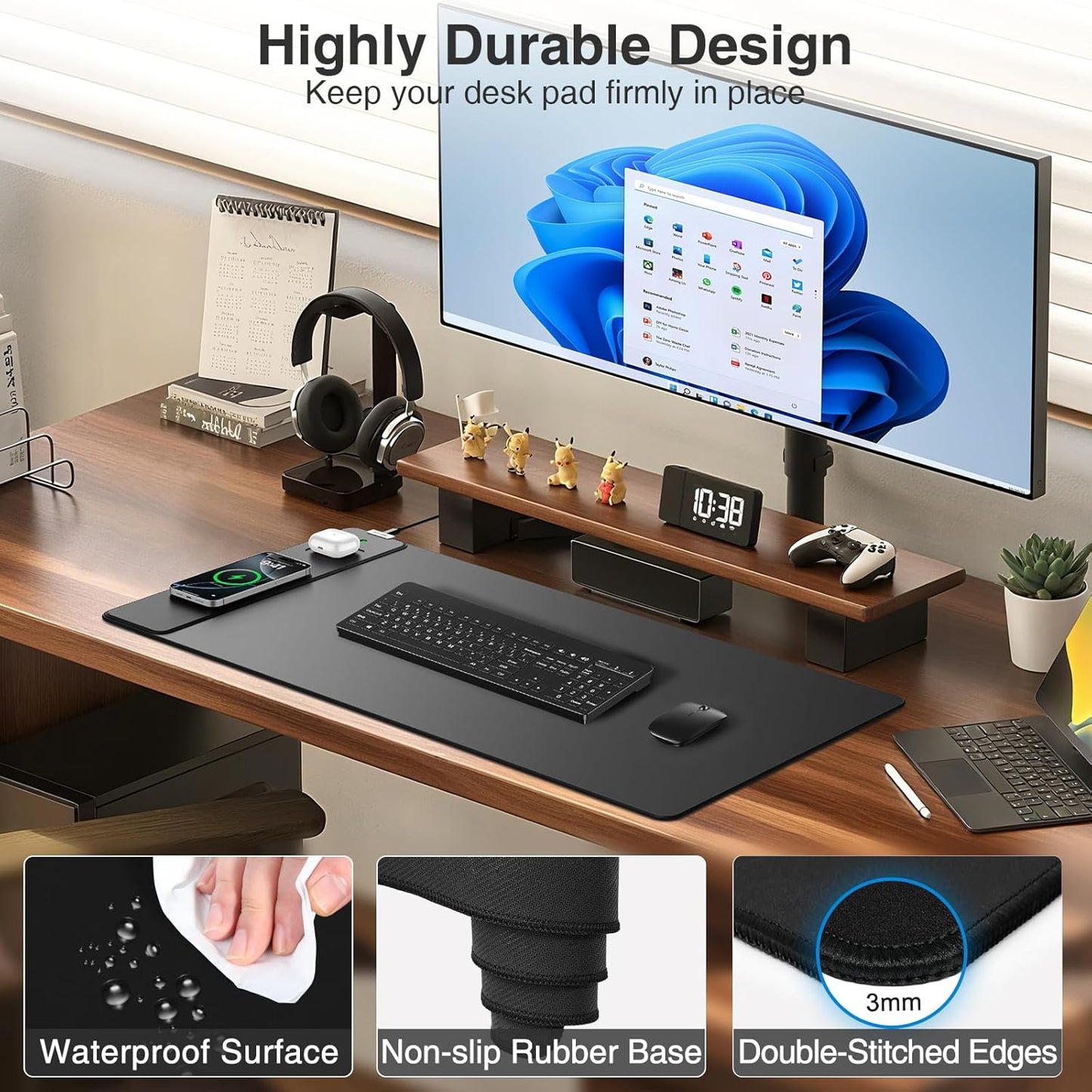 Wireless Charging Mouse Pad with Foldable Phone Holder, 31.5"x15.8" Large Desk Mat for Laptop/Keyboard, Waterproof Ultra-Smooth Surface, Non-Slip Base, Black