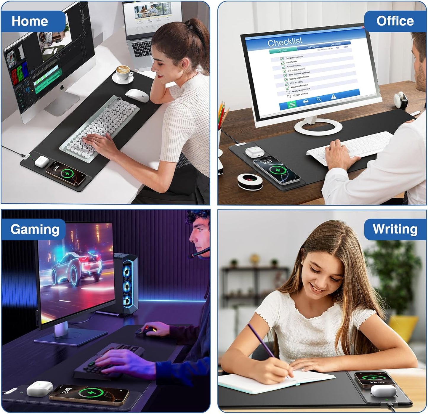 Wireless Charging Mouse Pad with Foldable Phone Holder, 31.5"x15.8" Large Desk Mat for Laptop/Keyboard, Waterproof Ultra-Smooth Surface, Non-Slip Base, Black