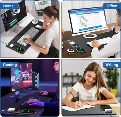 Wireless Charging Mouse Pad with Foldable Phone Holder, 31.5"x15.8" Large Desk Mat for Laptop/Keyboard, Waterproof Ultra-Smooth Surface, Non-Slip Base, Black