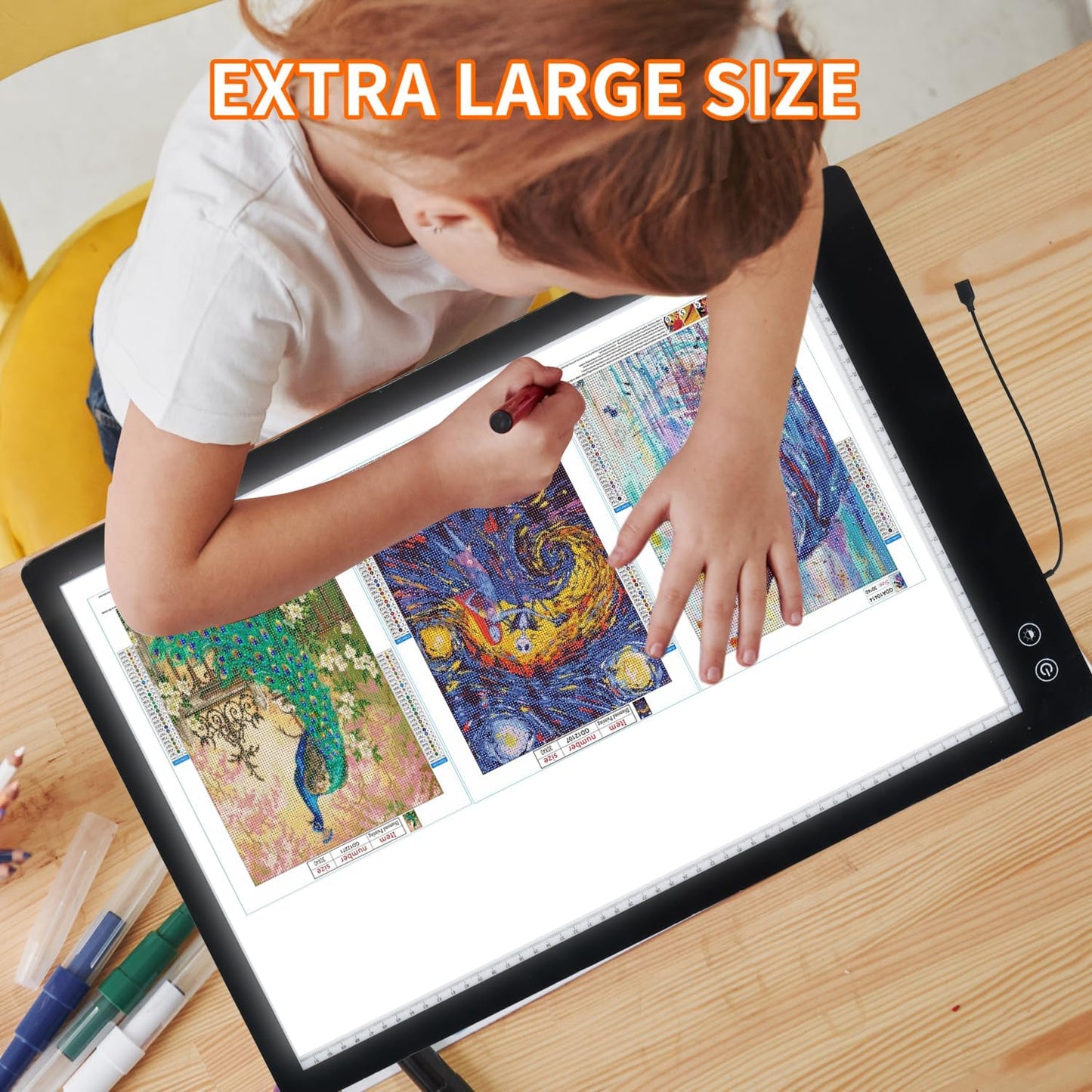 Rechargeable A2 Light Pad for Diamond Painting, 3 Colors High Bright Tracing Light Box with 6 Levels/Stepless Dimming, Fast Charging Adapter & 5555Lux, Large Drawing Light Board for Sketching