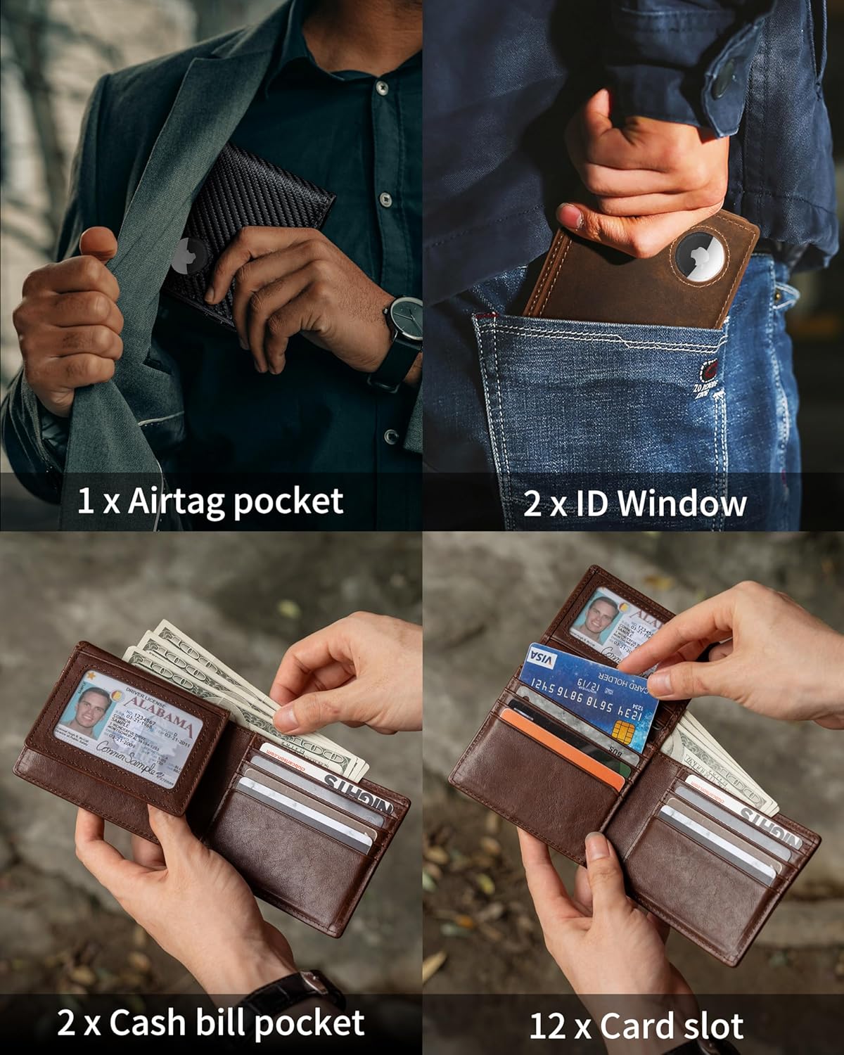 Mens Wallet With AirTag Holder, Bifold Leather RFID Blocking 1-2 ID Windows 12-13 Card Holders, Gift Box and Screen Protector Included, AirTag Not Included