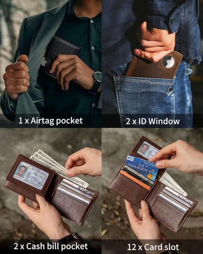 Mens Wallet With AirTag Holder, Bifold Leather RFID Blocking 1-2 ID Windows 12-13 Card Holders, Gift Box and Screen Protector Included, AirTag Not Included