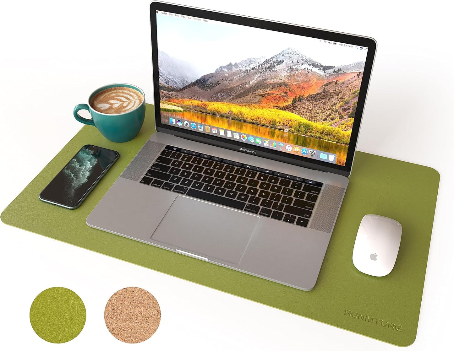 RENMTURE Dual-Sided Mouse Pad, Natural Cork & PU Leather Large Desk Pad for Office and Home Work, Desk Protector Non-Slip, Waterproof, Easy Clean (Olive Green, 32"x16")