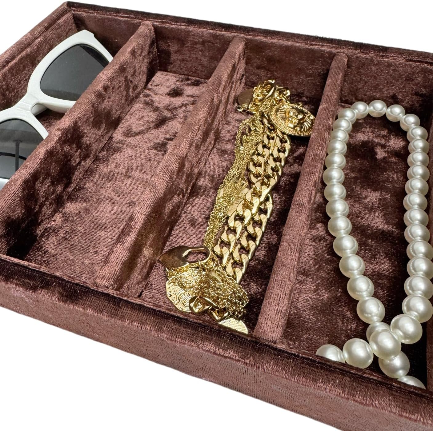 AgentMoon 5-Compartment Velvet Sunglasses & Jewelry Organizer Tray – Adjustable Dividers, Sturdy Wood, Non-Slip Storage for Watches, Glasses, Bracelets, Desk or Drawer.(Tabby Red)