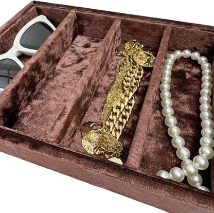 AgentMoon 5-Compartment Velvet Sunglasses & Jewelry Organizer Tray – Adjustable Dividers, Sturdy Wood, Non-Slip Storage for Watches, Glasses, Bracelets, Desk or Drawer.(Tabby Red)