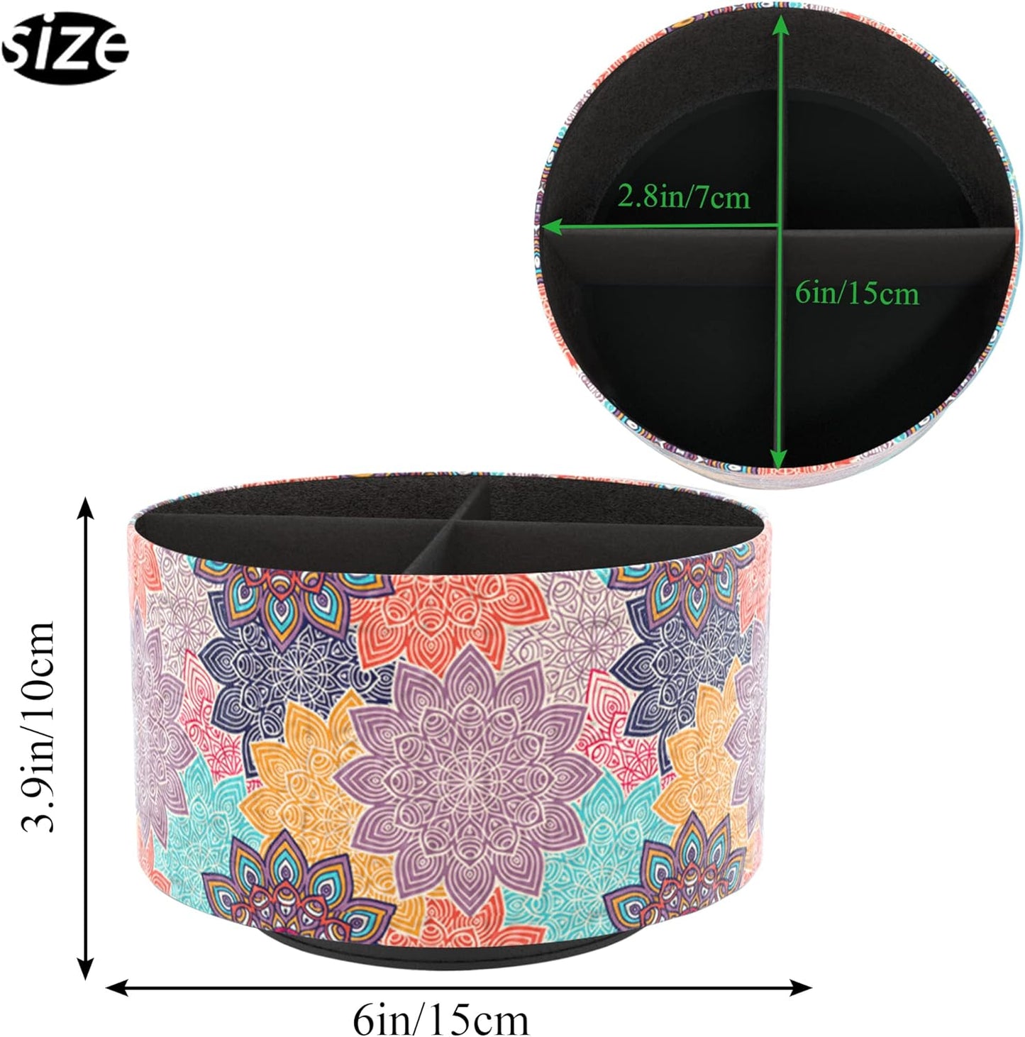 Round Leather Art Supply Organizer,Remote Control Holder,360 Degree Rotating,Multi-Functional Pencil Holder,4 Compartments Desktop Stationary Organizer(1-Fractal Flower) | Round - Colors A