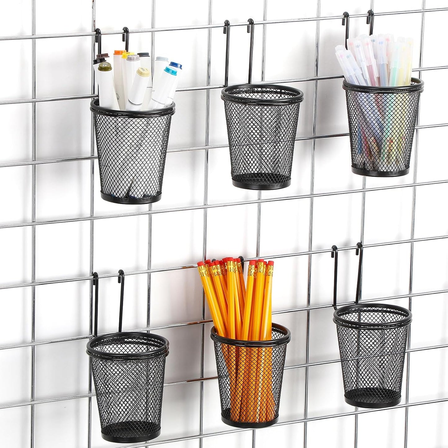 6 Sets Grid Wall Cups with Ring Hooks, hanging pencil holder Wall Mount Wire Grid Panel Pen Holder Organizer gridwall Accessories for Office Home Garage