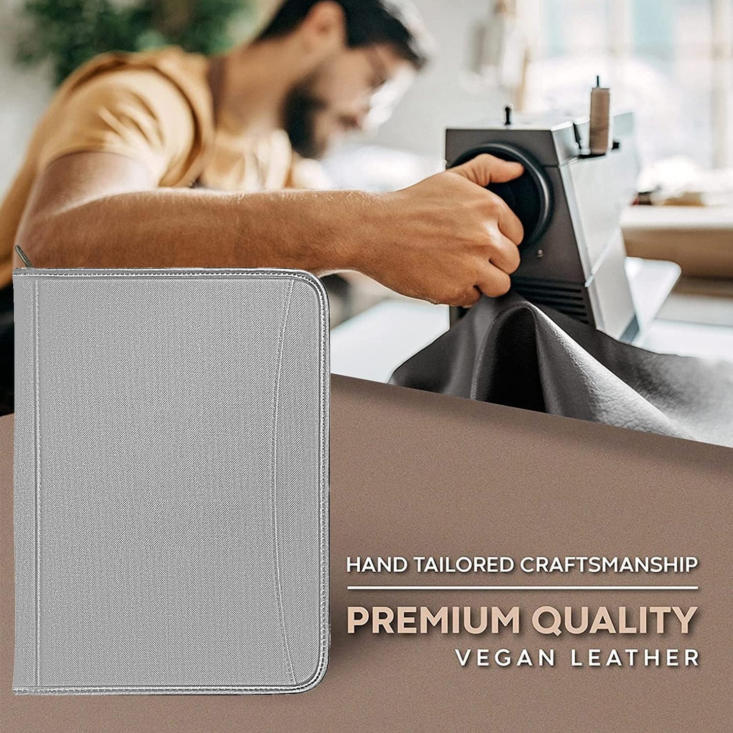 Zippered Portfolio Organizer/ A4 Refillable Lined Writing Notepad Folder Case/Fabric-Covered Padfolio Binder with Interior Storage Pocket for Men Women.Classic Black