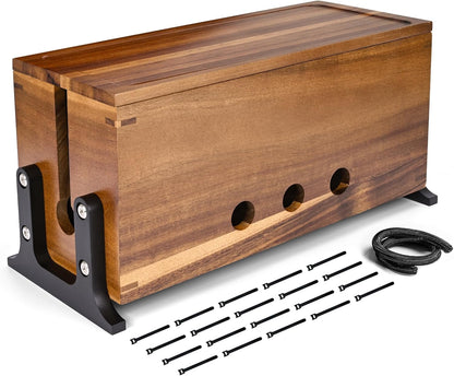Extra Large Cable Management Box, Cord Organizer & Hider Box, Acacia Wood Cable Box for Chargers, Power Strip, USB, Floor & Desk Cables & Cords Storage, Children & Pet Safe