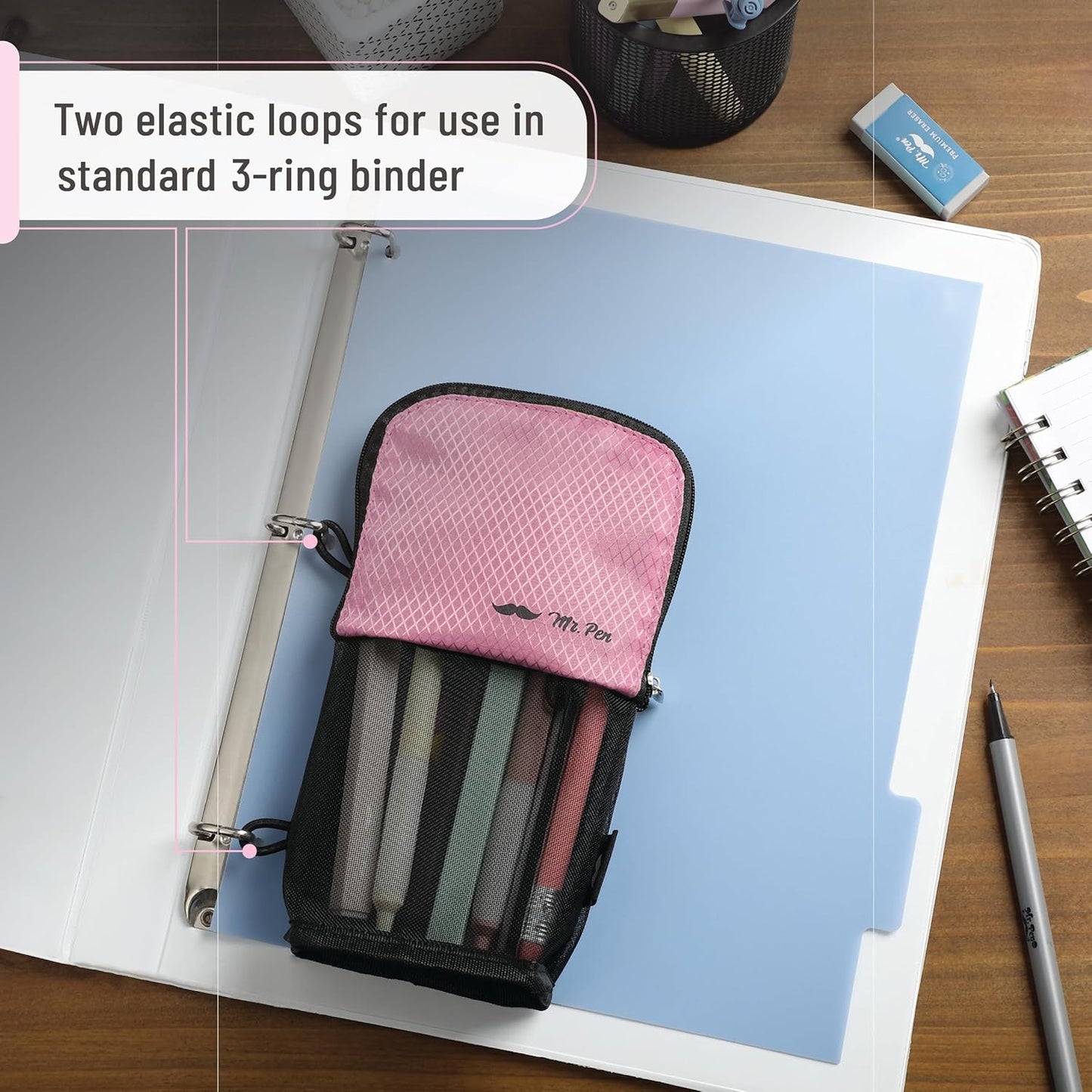 Mr. Pen- Standing Pencil Case Pouch, Sit & Lay Mesh-View Design, Black & Gray, Interior Pocket & 2 Elastic Binder Loops, Cute Pencil Case for Girls and Boys