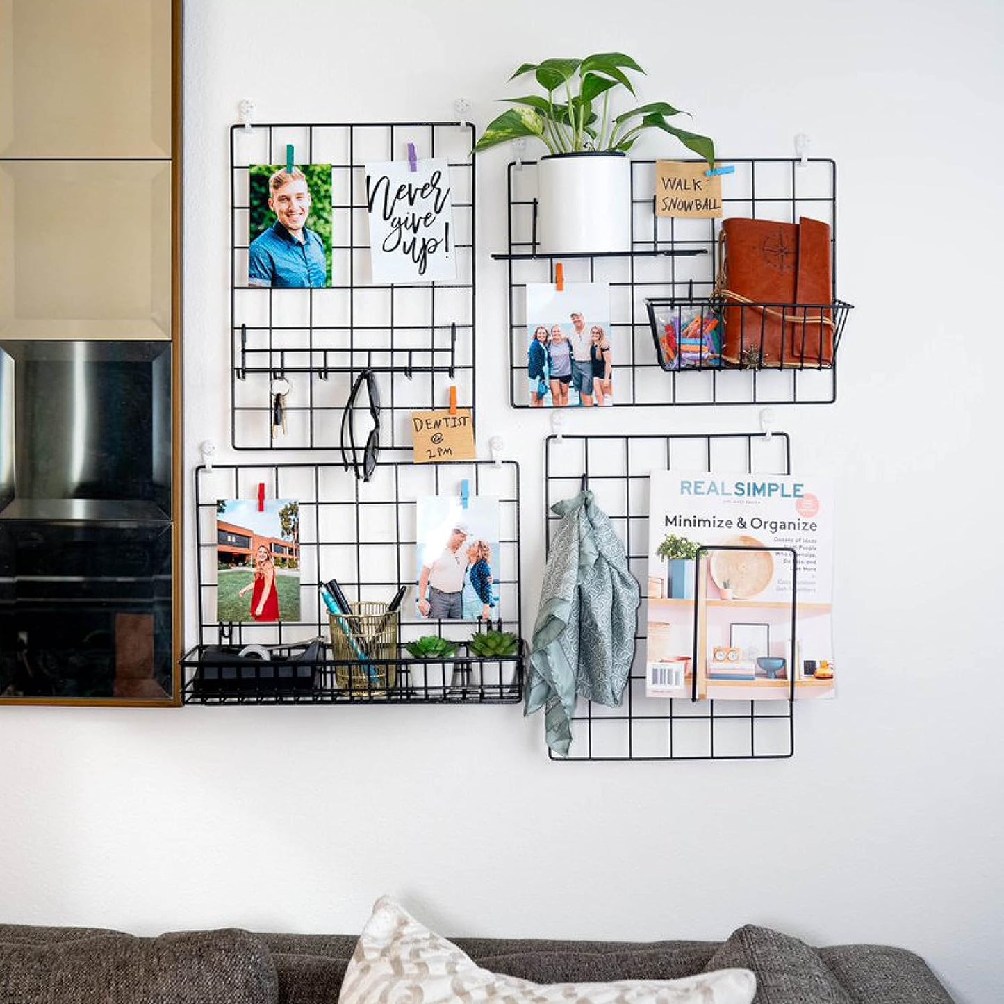 2 Pack Wire Wall Grid Panel With Accessories | Includes Hanging Basket, Shelf & Hook Rack | Photo Grid Wall Panels | Hanging Home, Office & Kitchen Décor | Metal & Black