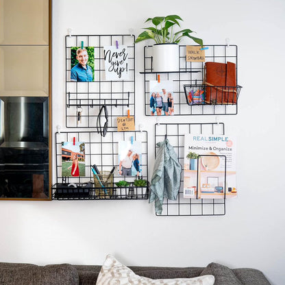 2 Pack Wire Wall Grid Panel With Accessories | Includes Hanging Basket, Shelf & Hook Rack | Photo Grid Wall Panels | Hanging Home, Office & Kitchen Décor | Metal & Black
