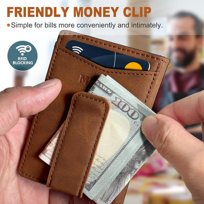 miyozi Airtag Wallet for Men- with Money Clip Gift Boxed, Magnetic Closure Slim Genuine Leather Front Pocket Wallet, 4.1"x 2.8", RFID Blocking