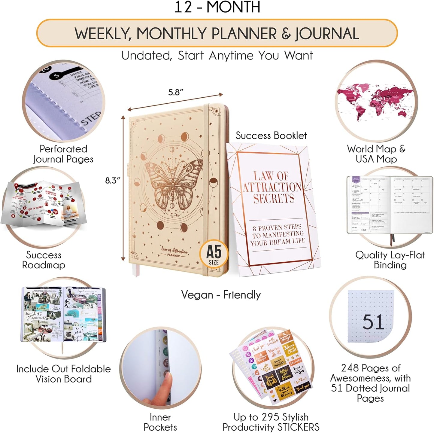 Life Planner - Undated Weekly & Monthly Planner, 12-Month Journey to Increase Productivity | Gratitude Journal, Life Organizer & Goal Journal | Include Foldable Vision Board, Habit Tracker & Stickers