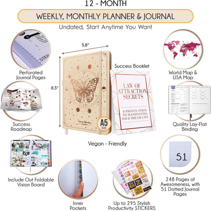 Life Planner - Undated Weekly & Monthly Planner, 12-Month Journey to Increase Productivity | Gratitude Journal, Life Organizer & Goal Journal | Include Foldable Vision Board, Habit Tracker & Stickers