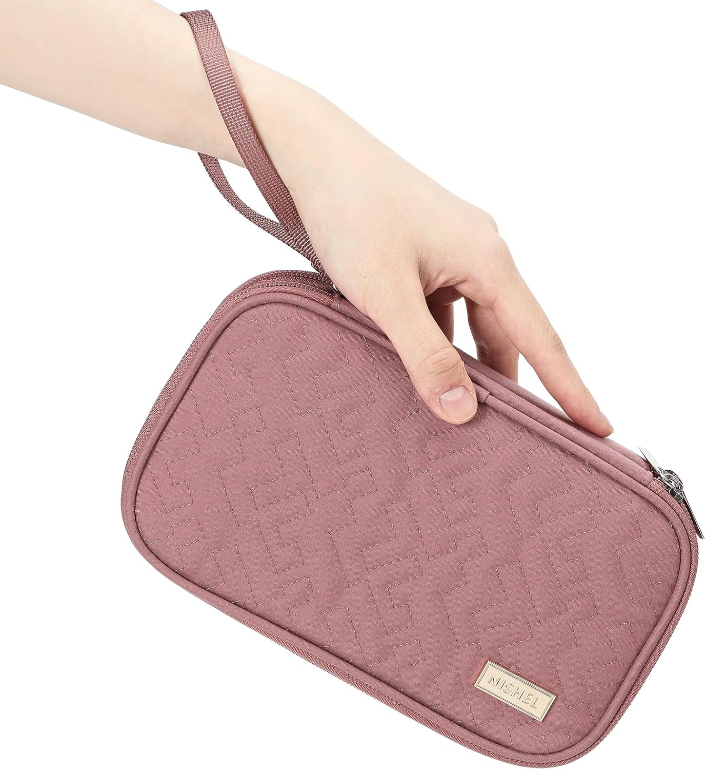 NISHEL Travel Cord Organizer Case, Double Layers Tech Electronic Bag, Essentials for Charger, Cable, Phone, Flash drive, Medium, Pink