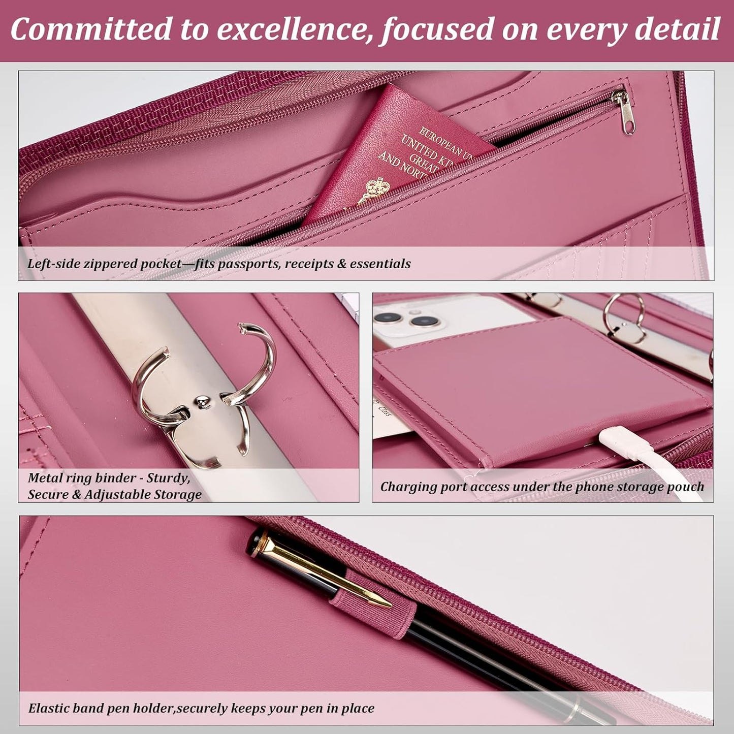 Leathario Portfolio Binder, Includes 10 Sheet Protectors and 3 Notepads, 3-Ring Folder Organizer, A4 Padfolio with Zipper, Vegan Leather Tablet Sleeve, Business Office Conference Clipboards
