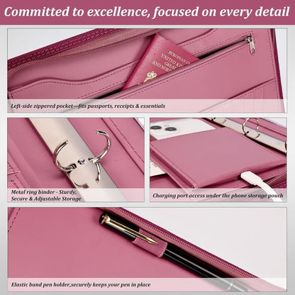Leathario Portfolio Binder, Includes 10 Sheet Protectors and 3 Notepads, 3-Ring Folder Organizer, A4 Padfolio with Zipper, Vegan Leather Tablet Sleeve, Business Office Conference Clipboards