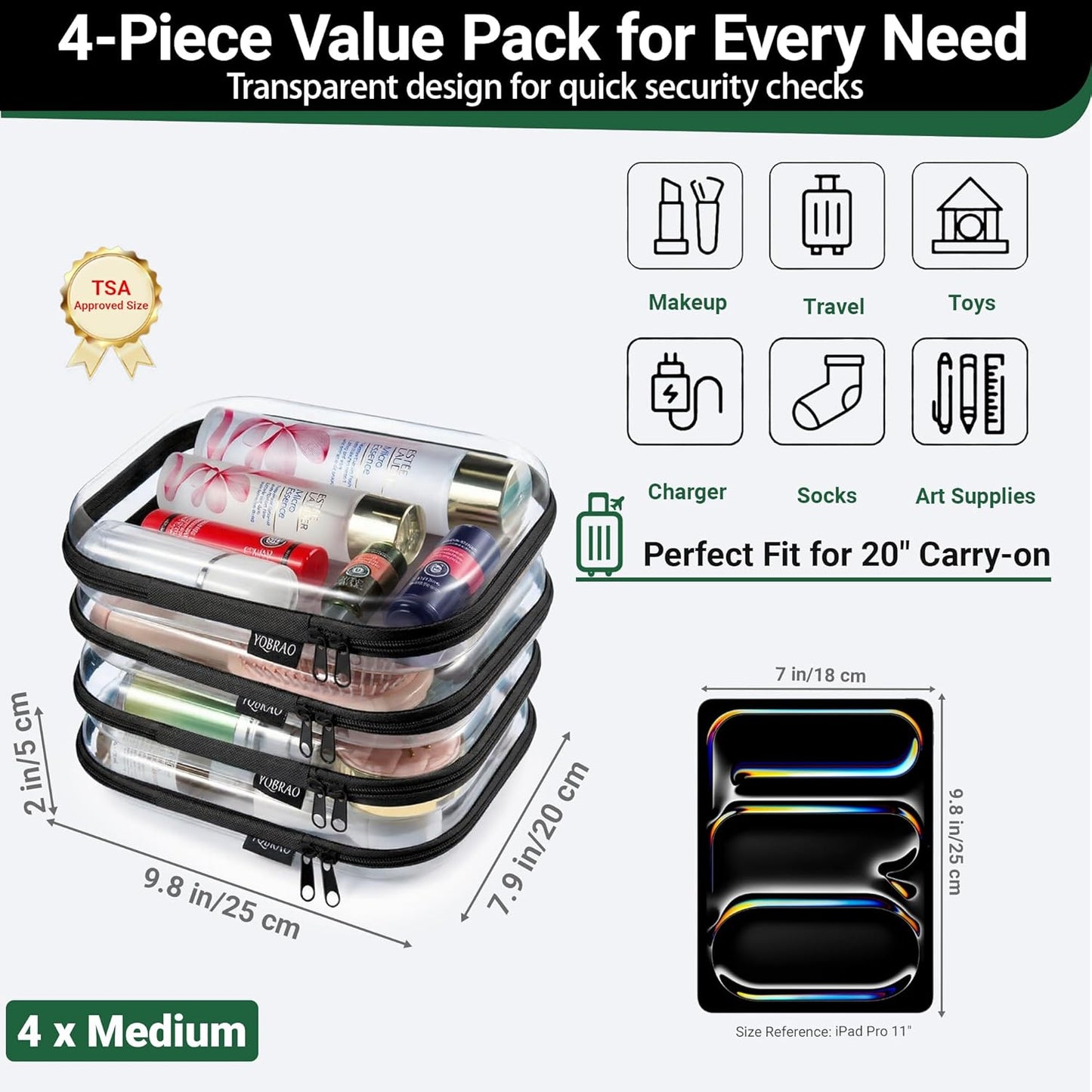 YQBRAO 6 Pack Clear Hard Shell Zipper Case, 1.2mm Heavy Duty Crush-Proof Diaper Bag Organizer Pouches, TSA Approved Travel Makeup Bag for Toiletries & Electronics, (2L, 2M, 2S) Multi-Size Storage Set