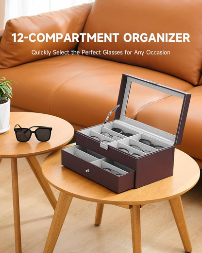 CO-Z Sunglasses Organizer with 12 Slots, Multiple Eyeglasses Eyewear Display Case for Women Men, 2 Story Leather Multi Sunglasses Jewelry Collection Holder with Drawer