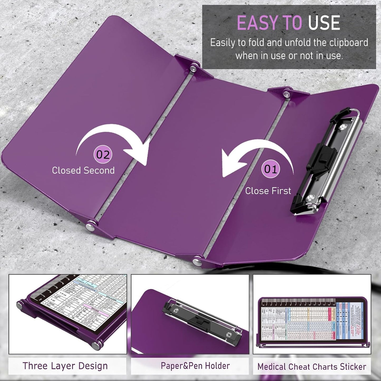 Nursing Clipboard Foldable, Foldable Clipboard w/Nursing Edition Cheat Charts,3 Layers Aluminum, Nurse Clip Board w/Low Profile Clip&Pen Clip Pocket for Nurses and Doctors,Light Blue