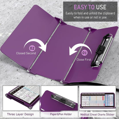 Nursing Clipboard Foldable, Foldable Clipboard w/Nursing Edition Cheat Charts,3 Layers Aluminum, Nurse Clip Board w/Low Profile Clip&Pen Clip Pocket for Nurses and Doctors,Light Blue